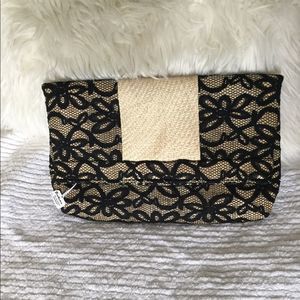 Straw and black lace woven party clutch bag 12x8